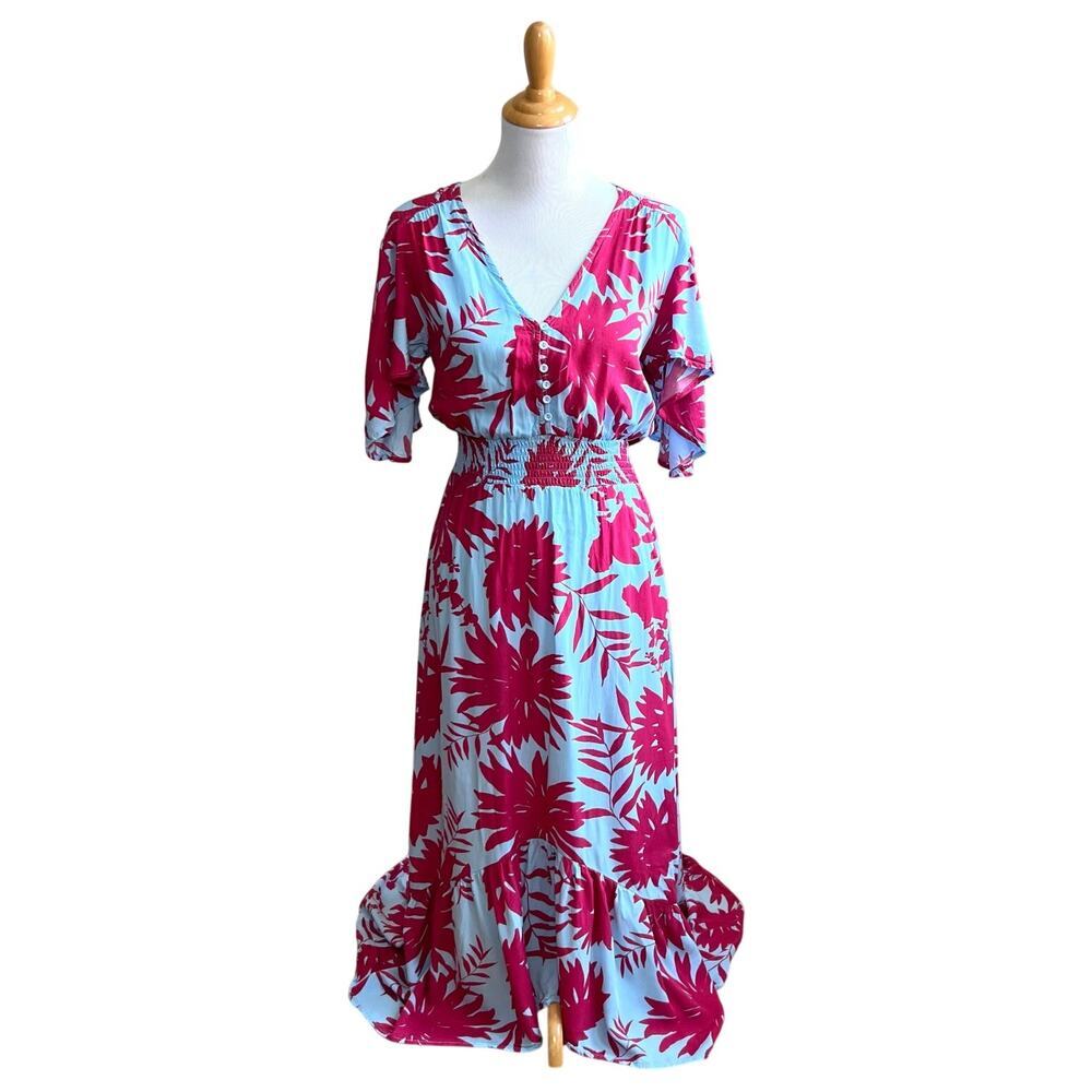 Abel the Label Cassidy Midi Dress XS Blue Pink Floral Flutter Sleeve